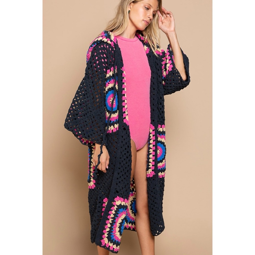 POL Black & Pink Crochet Granny Square Chenille Long Cardigan Relaxed Fit - Picture 4 of 16